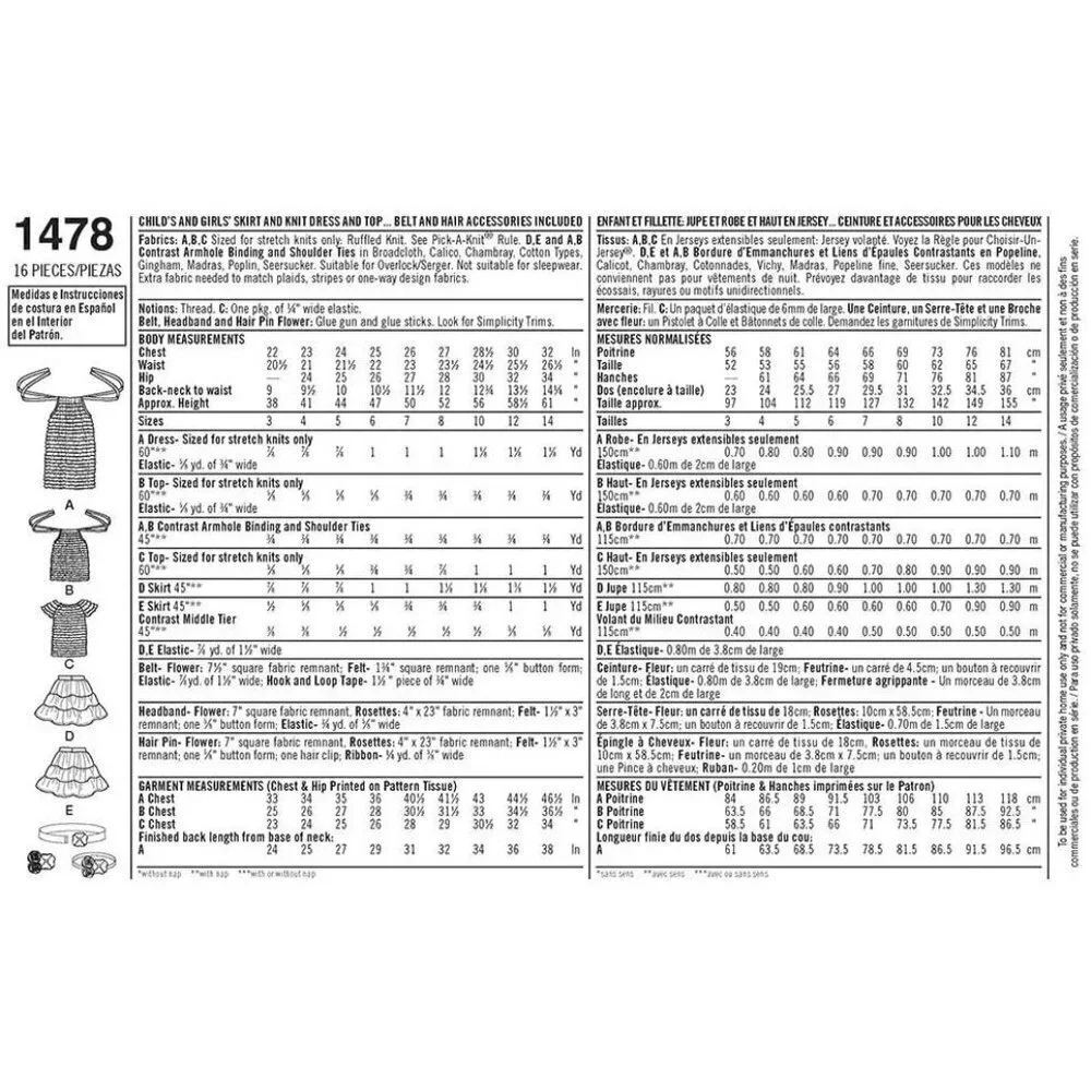 Simplicity Sewing Pattern 1478‎ Girls Skirt Knit Dress Top Accessories Size 7-14